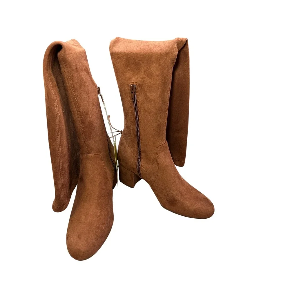 Gianni Bini Women's Over The Knee Boots Size 7 Cognac Faux Suede Block Heel NWT